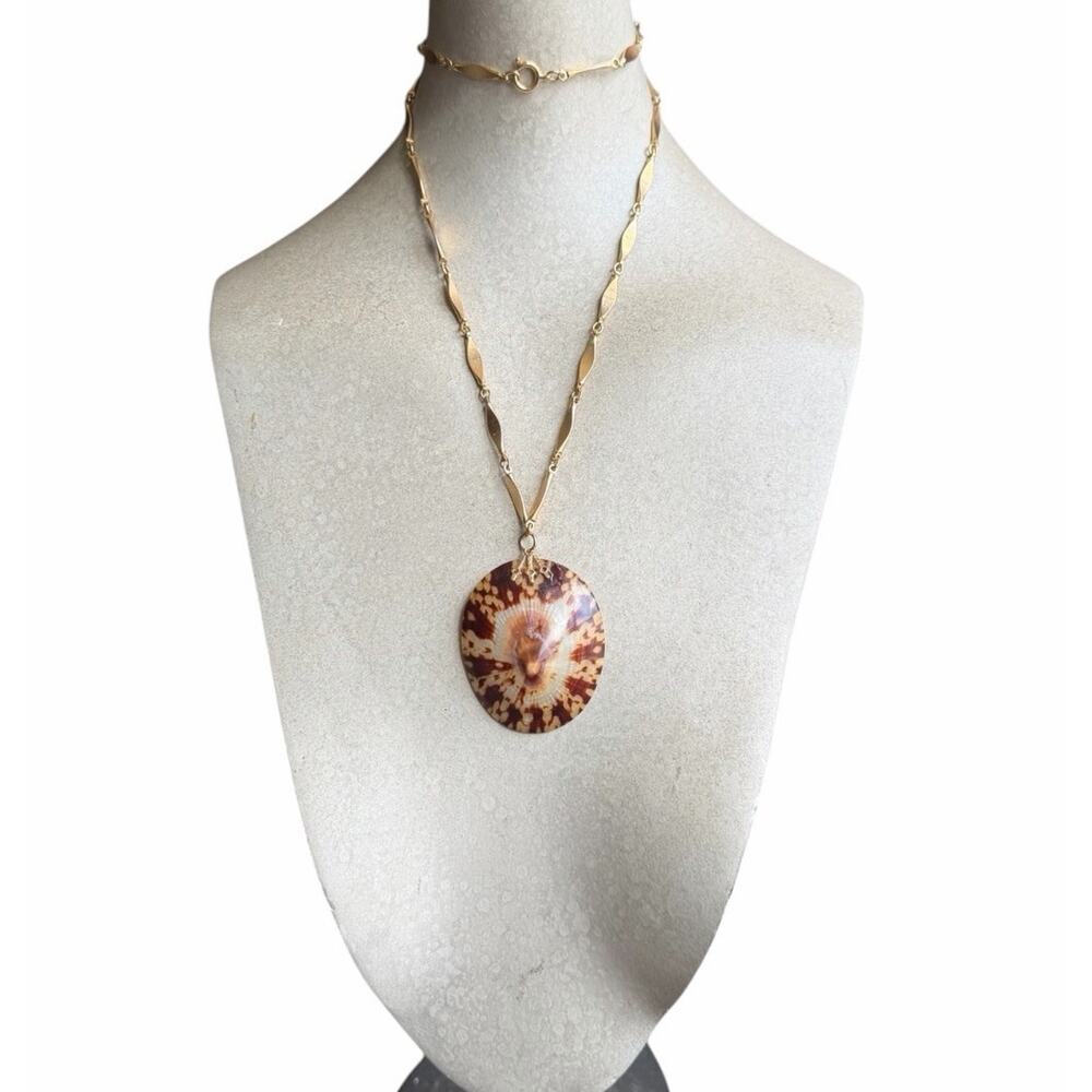 Vintage Statement Disc Pendant Necklace Gold Tone Chain Large Round Boho Retro